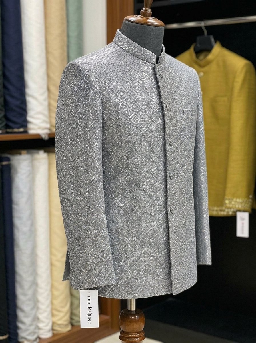 Antique Gray Sequence Embroidered Prince Coat